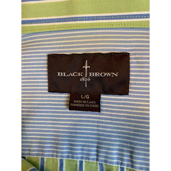 BLACK BROWN 1826 FLIP CUFF COTTON SHIRT AVOCADO GREEN BLUE STRIPE SIZE L - Picture 4 of 10